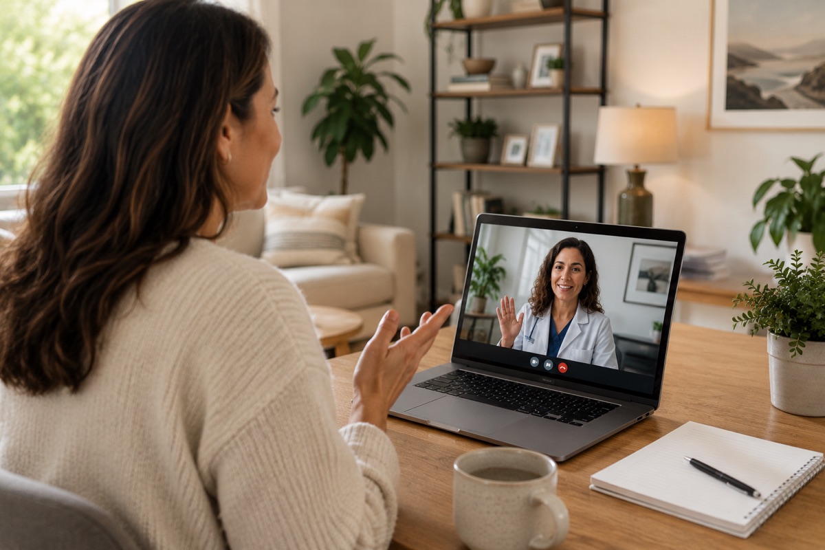 Una paciente en una videollamada en casa con una medica