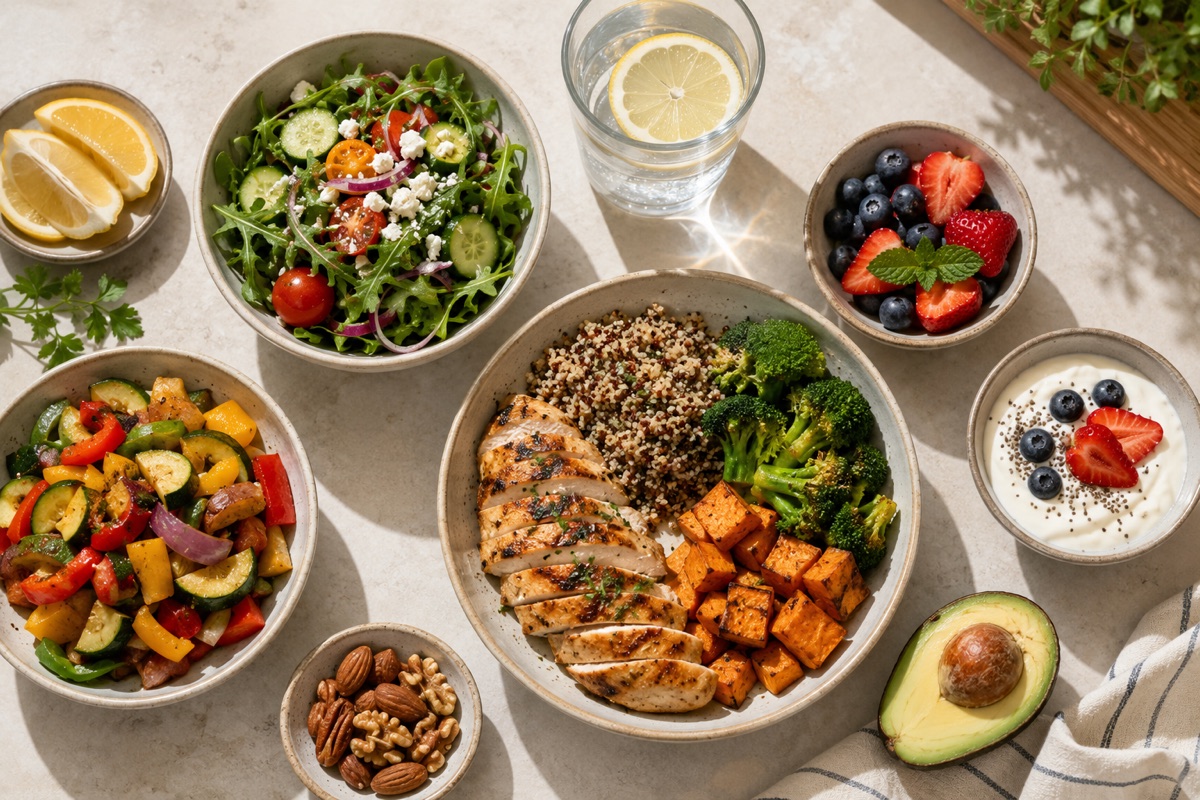 Una vista cenital de una comida saludable y balanceada